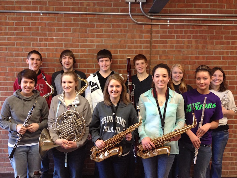 Band students in are (front row, left to right):Emily Prykucki, Renee Russell, Morgan Miller, Margaret Paris, Lindsey Penn. Back Row: Jacob Fritz, Alex House, Joshua Schlaud, Wesley Fleisher, Ayren Weishuhn, and Anneliese Petersmarck.