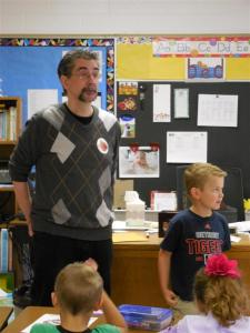 Jim LaFonatine, left, talks to first graders at Mayfield Elementary recently about his heart transplant.