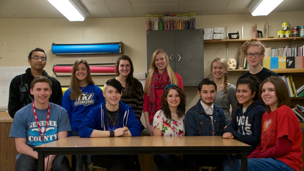 The 2014 Scholastic Art Award winners, from back left: Sean Benjamin, Mary Proulx, Emma Summers, Mandy Menosky, Sarah Brownrigg and Laura Stack. From front left: Jesse Luckett, Carl Frazer, Kelly Greenman, Andrew Roark, Aleena Dababneh and Madison Lewis.