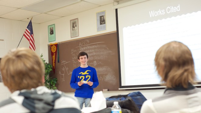 LHS junior Thomas McCaffrey presented his findings on 